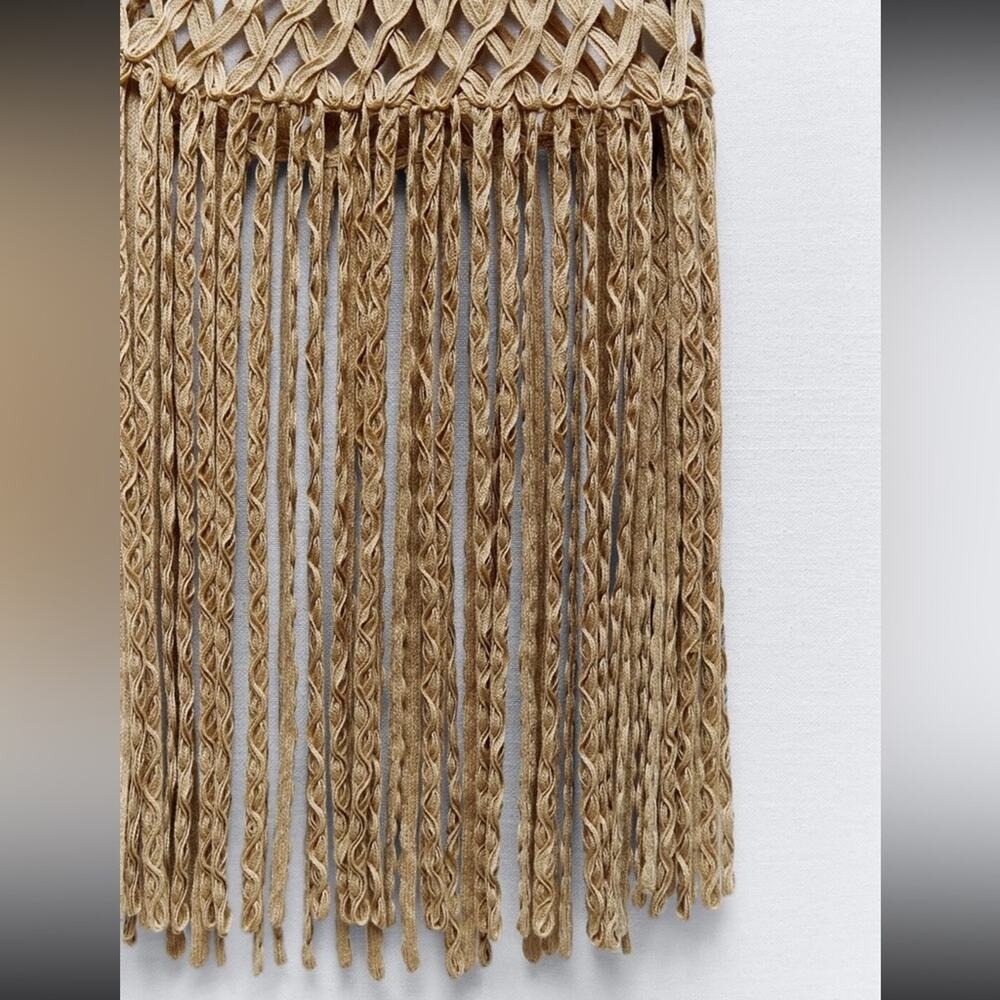 ZARA WOMEN MESH DRESS WITH FRING BEACH COVERUP Tan Crochet Small - Picture 9 of 13